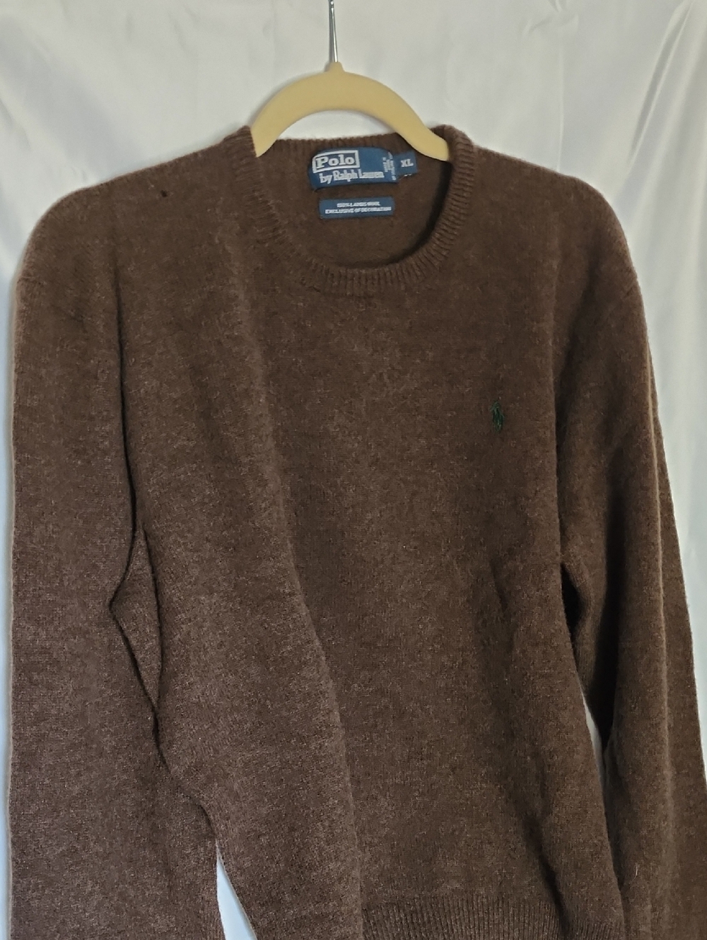 Polo by Ralph Lauren Brown Wool Crewneck Sweater with Green Pony mens size XL.